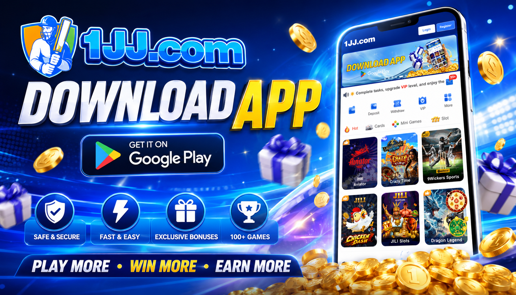 1JJ Game â€” Download App promo banner featuring â‚¹10,000 bonus, safe and secure play, and 100+ games